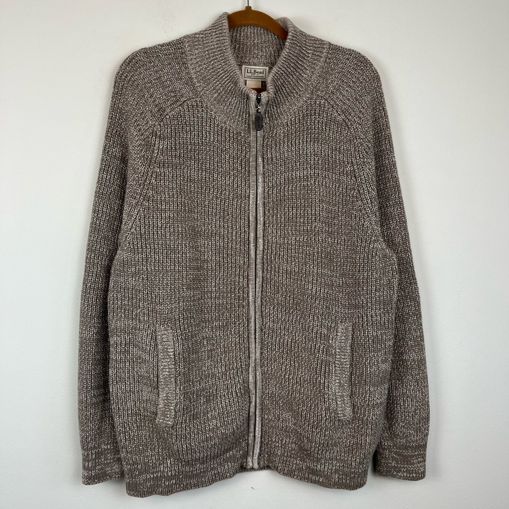 L.L. Bean Full Zip Cardigan LARGE Mock Neck Melange Rib Knit